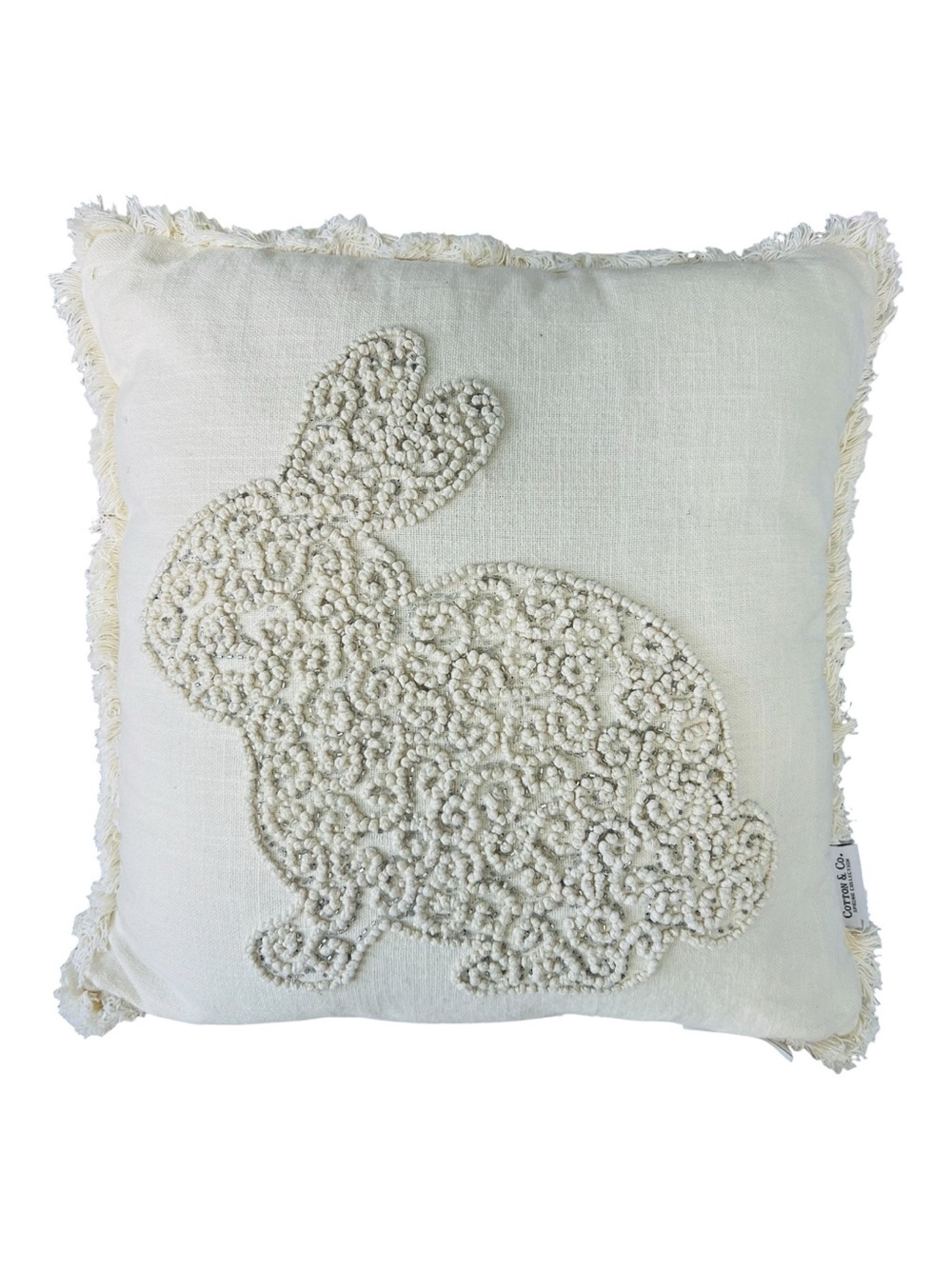 Cotton & Co Ivory Beaded Bunny Rabbit Throw Pillow 18x18 Fringe Easter Spring